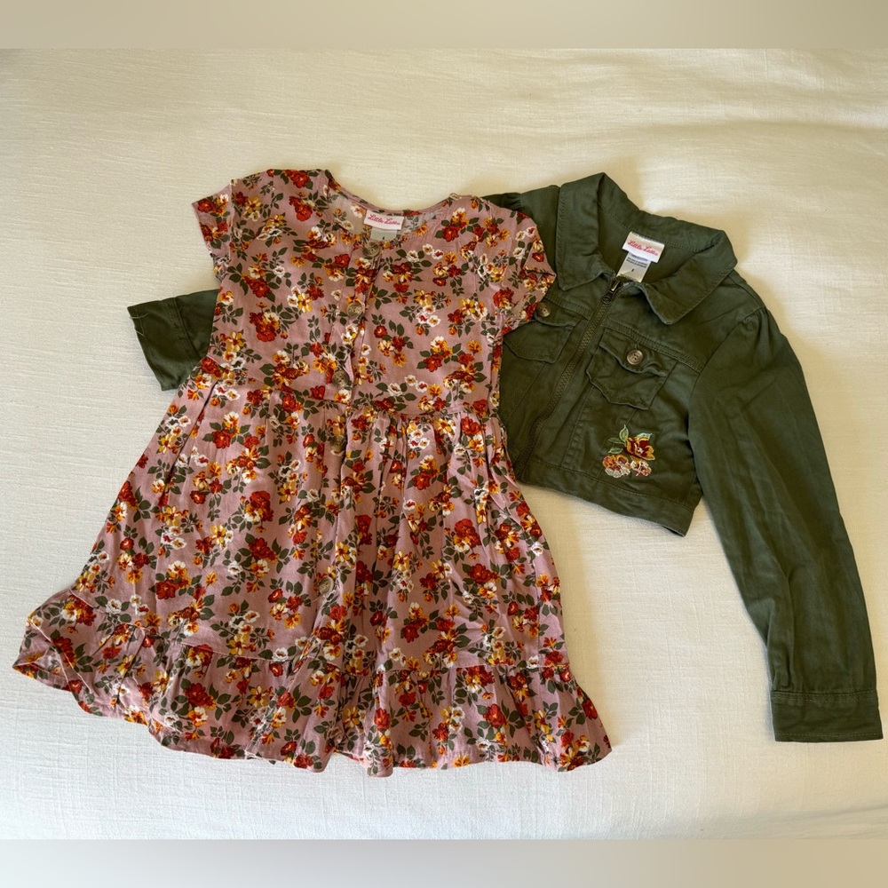 Little Lass | Short Sleeved Button Up Floral Dress and Army Green Jacket Set | 6